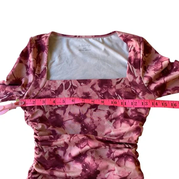 Pink Floral Square Neck Cropped Long Sleeve Top – Ruched, Size Small - Picture 17 of 17